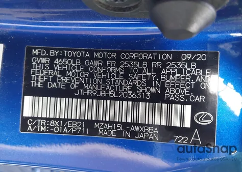 2020 Lexus Ux 250H F Sport из США, поврежденный, VIN JTHR9JBH5L2036313